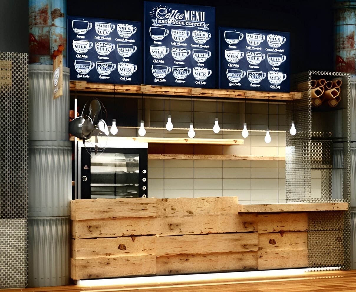 Industrial coffee shop interior with rustic wood paneling, corrugated metal accents, and exposed structural columns featuring distressed paint. The counter area includes hanging pendant lights, open shelving, and a large chalkboard-style menu with hand-drawn coffee illustrations. The combination of raw textures and warm wood tones creates a trendy, urban vibe suited for a casual café environment.