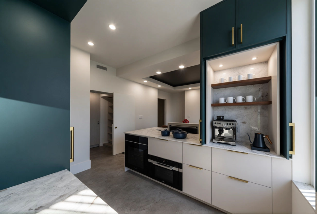 Invisible cooktop integrated seamlessly into porcelain countertop in NYC kitchen.