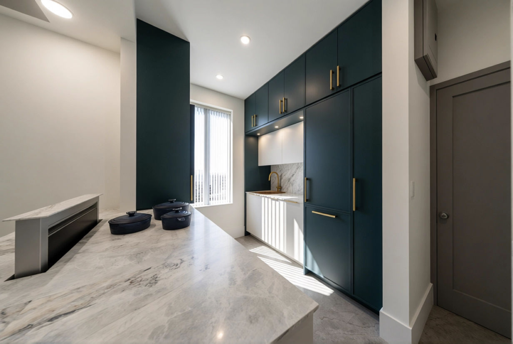 NYC kitchen layout maximizing counterspace and integrating invisible cooktop.