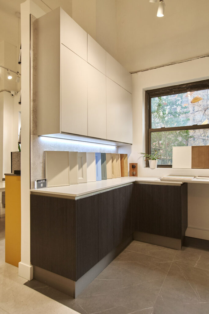 Cabinets : Porcelanosa Countertop : Caesarstone Countertop Color : 4601 Frozen Terra Door Samples : Luxor