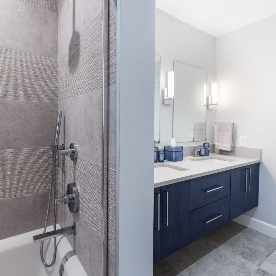 10368 Modern bathroom featuring a gray-tiled bathtub and shower combo with dual showerheads, and a vanity with navy blue cabinets, double sinks, and wall-mounted mirrors.