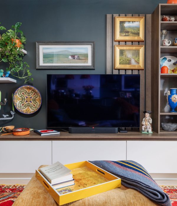 Cozy living room featuring custom built-in shelving in a rich navy blue finish framing a mounted television. Decorative items such as pottery, books, and framed artwork add personal charm, while a patterned rug and soft furnishings create a warm, inviting atmosphere.