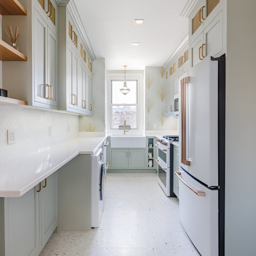 Screenshot 2025-07-08 124738 (1) Bright, narrow galley kitchen with soft sage green cabinetry, brass hardware, and a terrazzo-style floor. White quartz countertops and a farmhouse apron-front sink sit beneath a window that brings in natural light. The backsplash features a subtle white geometric tile, while the walls are accented with botanical wallpaper. Open wood shelves add a touch of warmth, and modern appliances in white with brass details complete the elegant yet contemporary look. Ceiling spotlights provide even lighting across the streamlined layout.